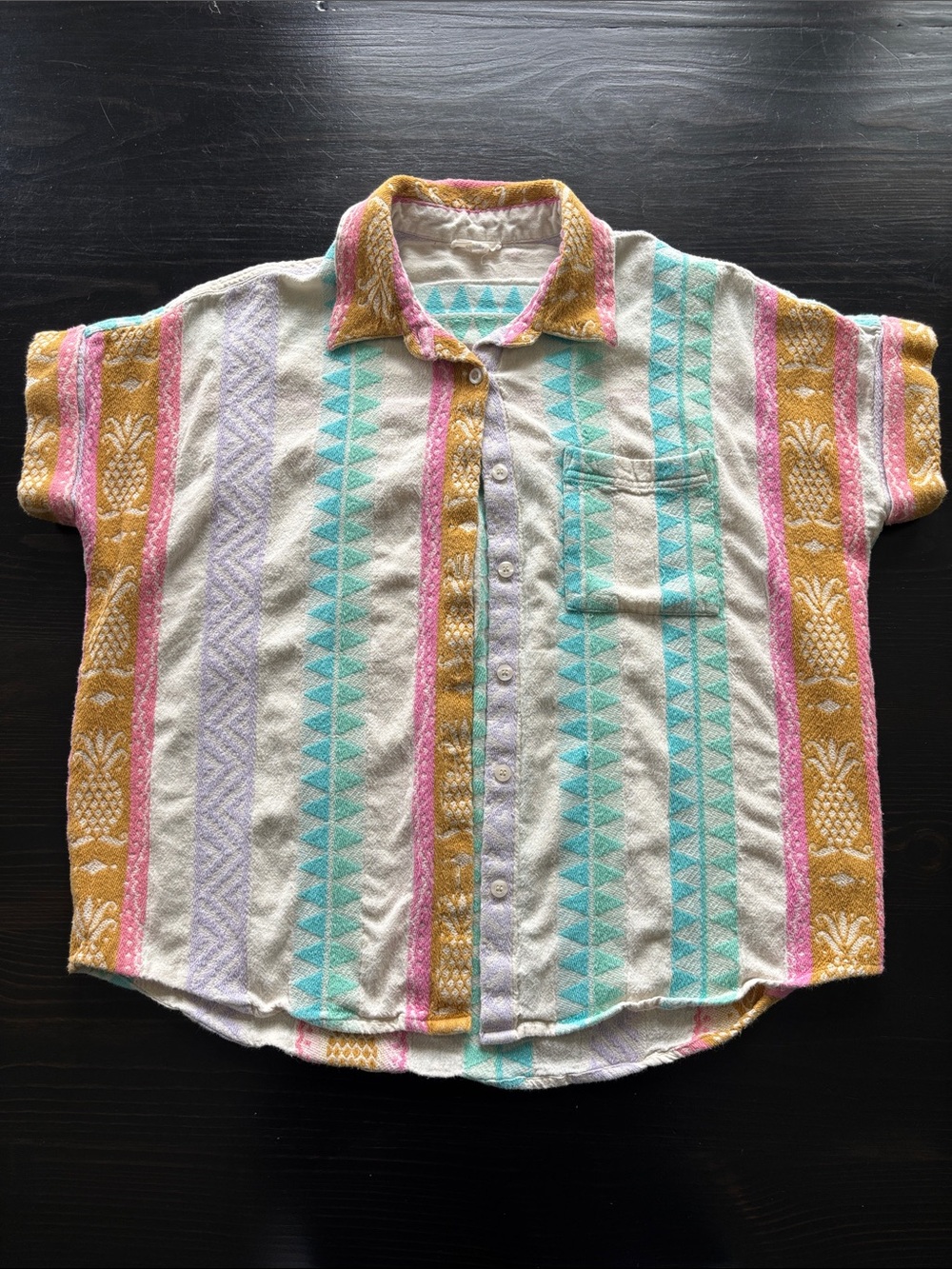 Womens Short-Sleeve Button-Up Shirt in Cream with Mint, Pink & Mustard Stripes